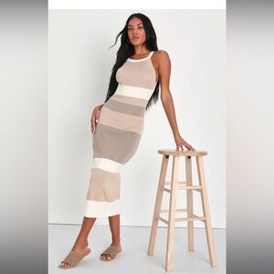 Lulus Chic Obsession Beige Striped Tie-Back Sleeveless Sweater Dress